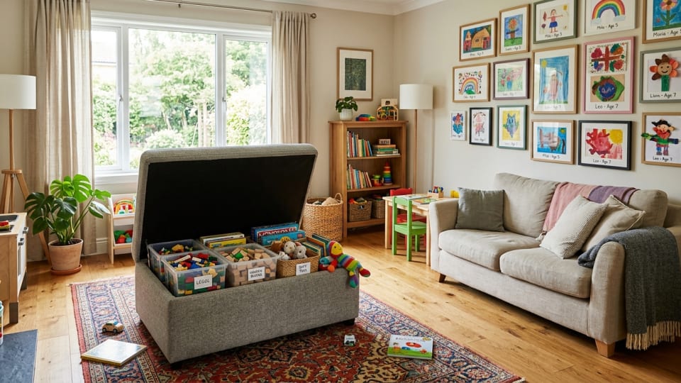 Ottoman with lift-up lid showing organized toy storage inside, positioned in a bright living room with children's artwork displayed on gallery wall