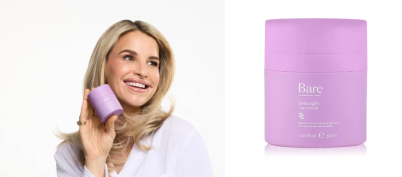 Woman smiling holding Bare by Vogue Williams Overnight Tan Mask jar, with close-up product shot of the pink 30ml container.