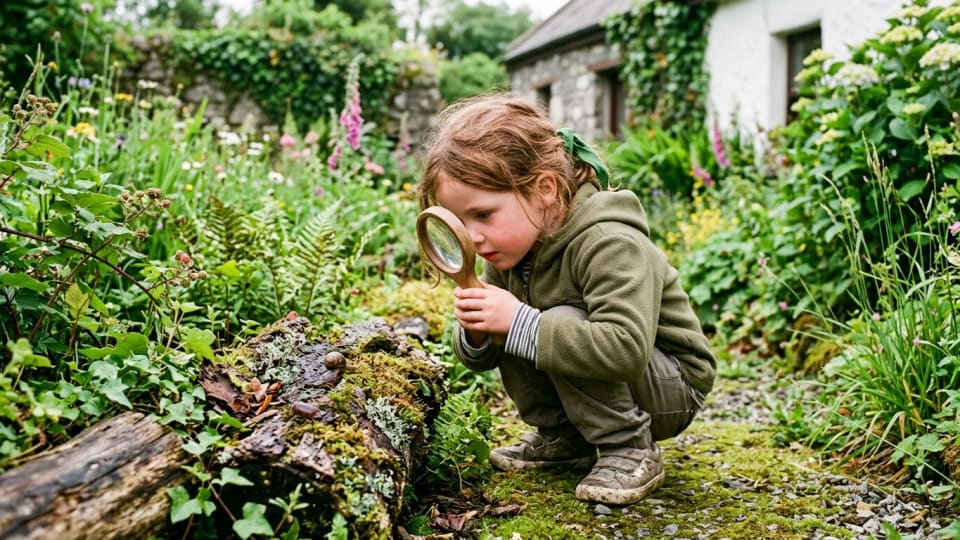 Child with magnifying glass examining insects and small creatures in Irish garden setting, focused and engaged in nature exploration