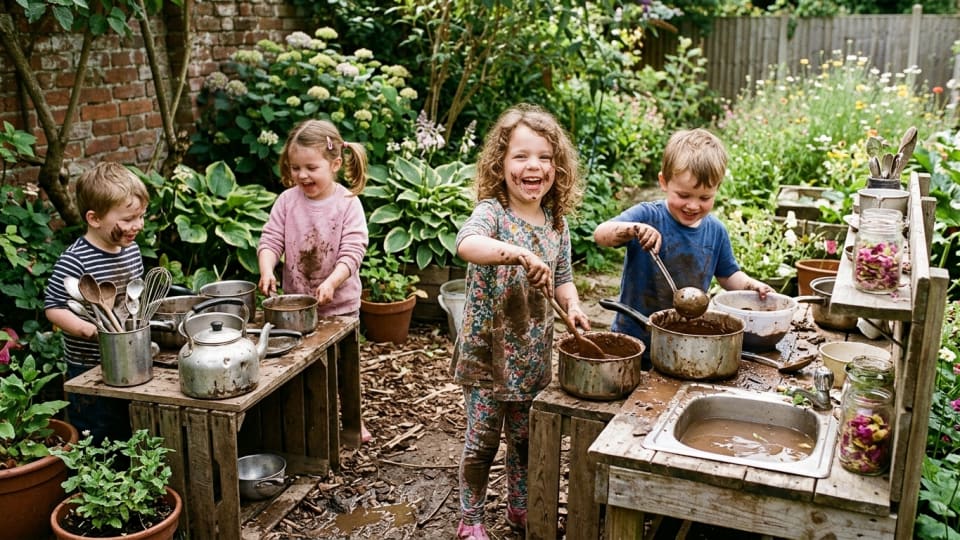 Children playing at makeshift mud kitchen in garden corner with old pots and utensils, getting happily messy