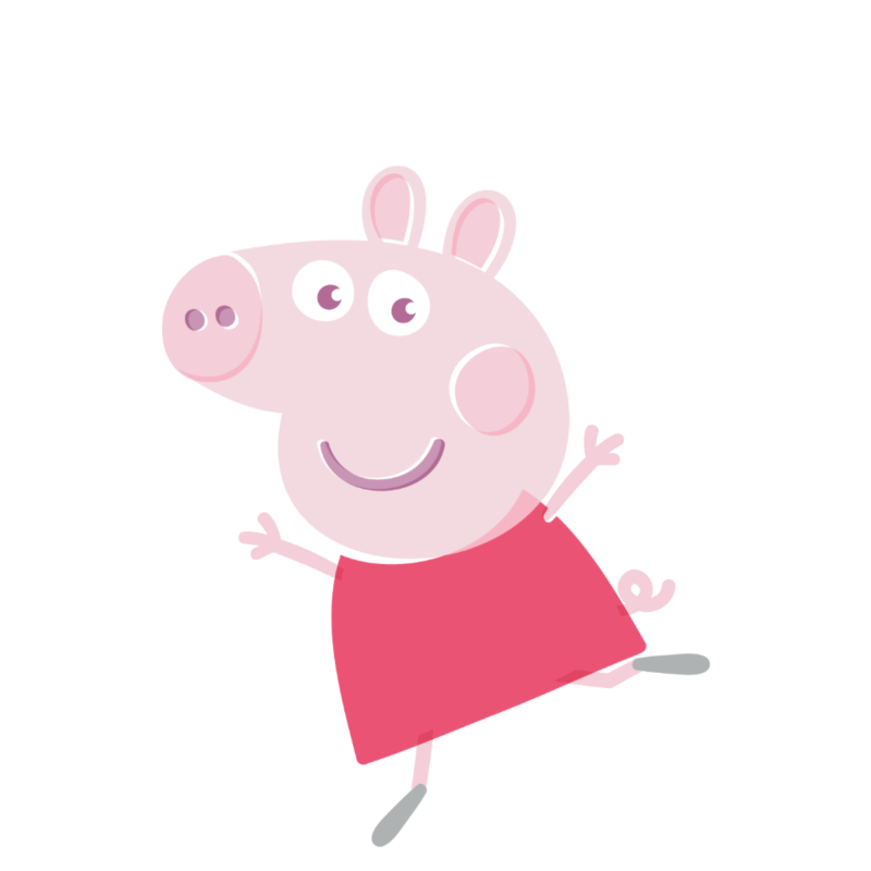 Peppa Pig cartoon character in red dress, jumping with arms outstretched, smiling, on white background.