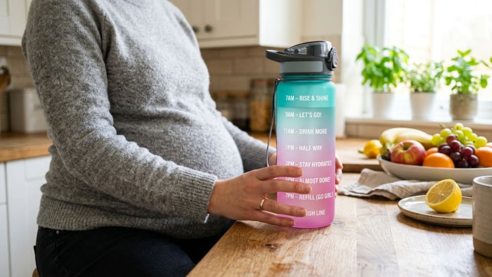 Close-up of a pregnant woman's hands holding a colourful water bottle with time markers, sitting in a bright  kitchen with fresh fruits nearby