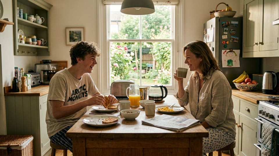 Family kitchen scene with teenager and parent having breakfast together mid-morning during summer holidays
