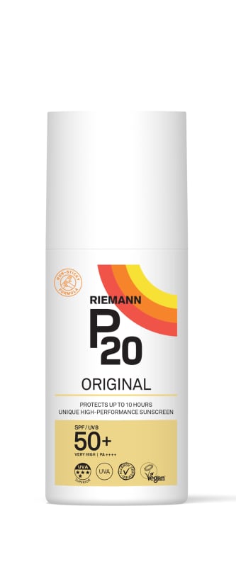 Riemann P20 Original SPF 50+ sunscreen pump bottle, 200ml, with non-sticky formula and 10-hour protection claim.