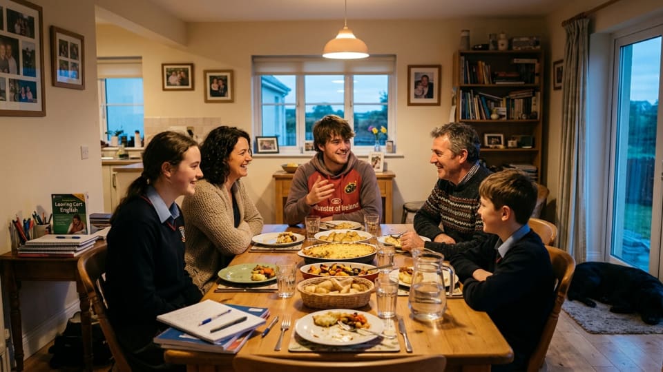 Irish family having dinner together during exam time, teenager looking relaxed and chatting with parents and siblings at dining table