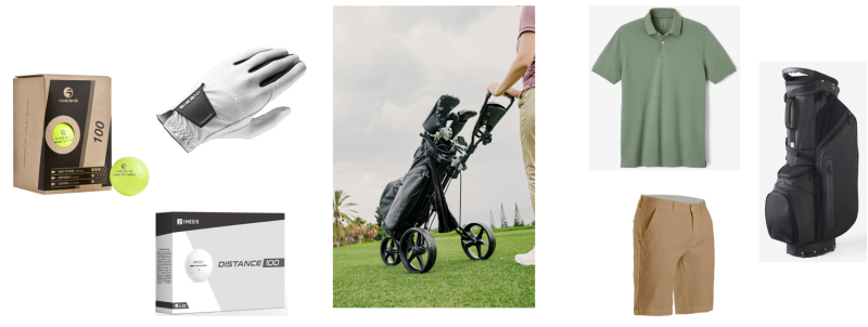 Golf equipment and apparel including Inesis golf balls, glove, push trolley, polo shirt, shorts, and golf bag.