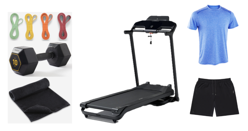 Fitness equipment and activewear flatlay including treadmill, 10kg dumbbell, resistance bands, exercise mat, blue t-shirt and black shorts.