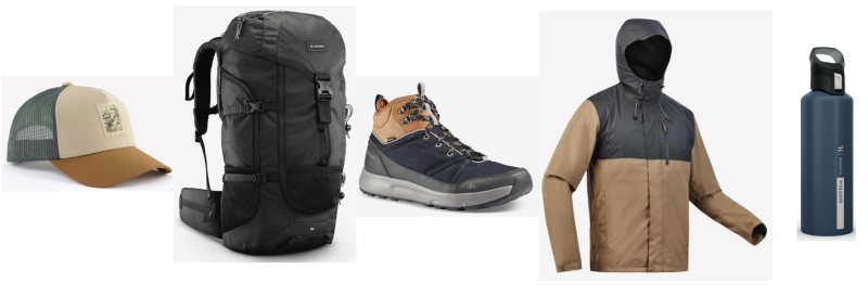 Five hiking essentials: trucker cap, Simond backpack, hiking boot, waterproof jacket, and Quechua 1L bottle.