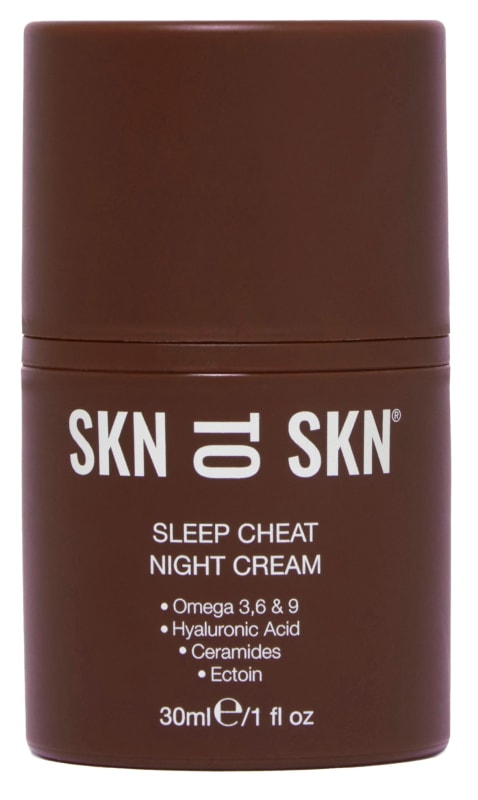 SKN to SKN Sleep Cheat Night Cream 30ml in dark brown cylindrical jar with lid.