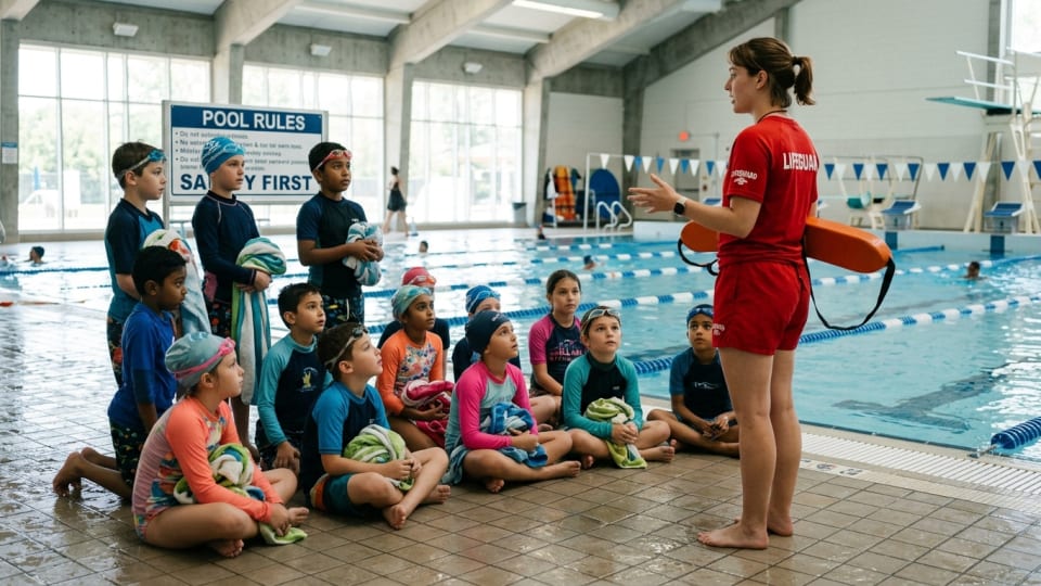 A group of school-age children in a swimming pool listening attentively to safety instructions from lifeguard before getting into the water