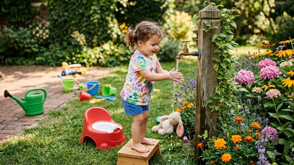 Toddler washing hands at an outdoor garden tap after using a portable potty, with summer flowers and toys in the background