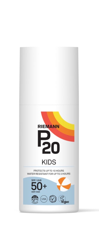 Riemann P20 Kids SPF 50+ sunscreen bottle, 200ml, with rainbow logo and blue SPF panel.