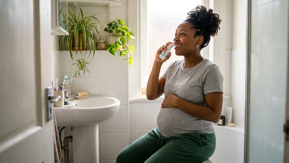 Pregnant afro american using a saline nasal spray in a small bright bathroom, looking relieved and comfortable