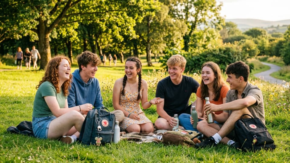 A group of Irish teenagers laughing and chatting together outdoors in a park during summer, relaxed and inclusive atmosphere, warm golden light
