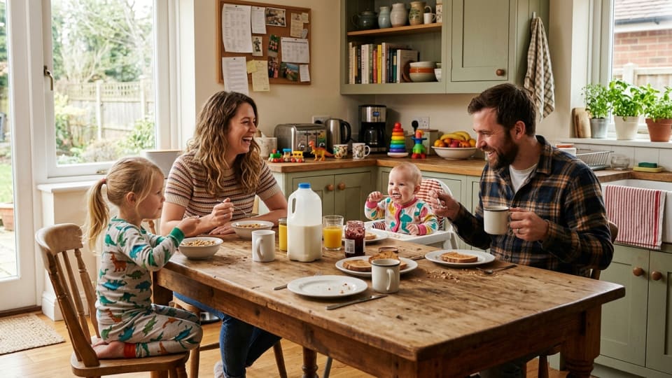 family kitchen with family having breakfast together, some toys visible on counter but overall space looking lived-in and welcoming