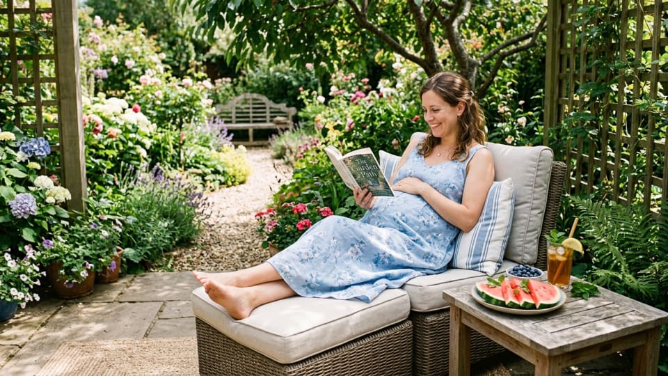Pregnant woman relaxing in a garden with a variety of hydrating snacks - a small plate of sliced watermelon, and herbal iced tea on a comfortable outdoor chair