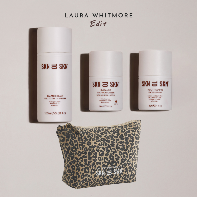 Laura Whitmore SKN to SKN Edit skincare set with cleanser, SPF moisturiser, face serum and leopard-print pouch.