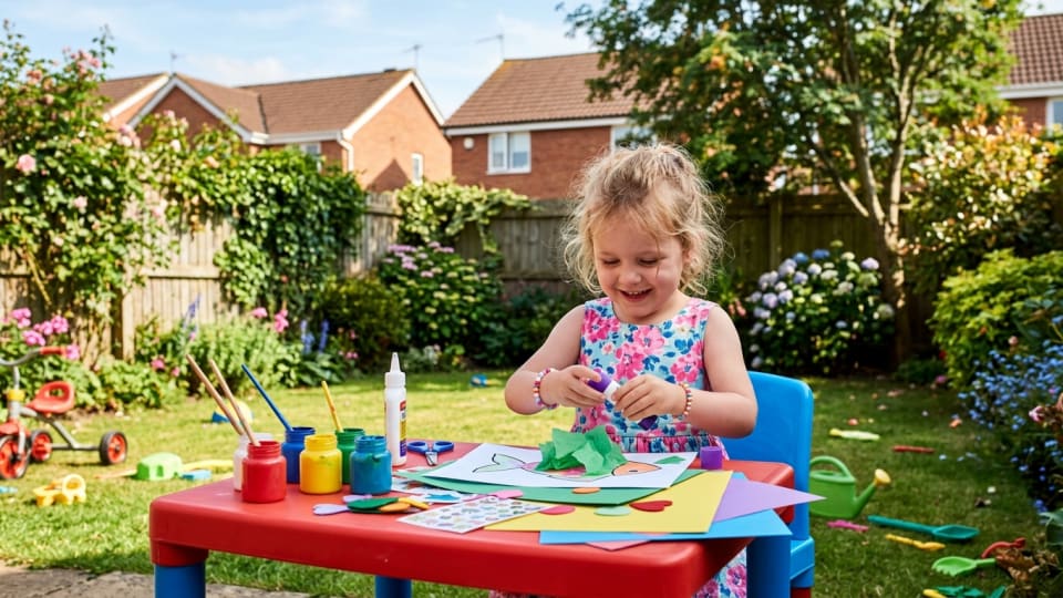 A young child playing outdoors in a back garden in normal housing estate doing a simple craft activity at a small table, looking happy and engaged, summer sunshine, colourful supplies around them