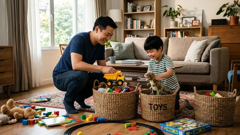 Asian Dad and child working together to tidy up a living room, with toys being put into storage baskets