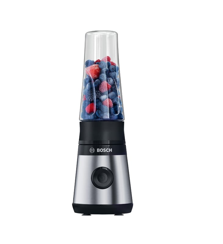 Bosch VitaPower Series 2 personal blender with stainless steel base, filled with mixed berries.