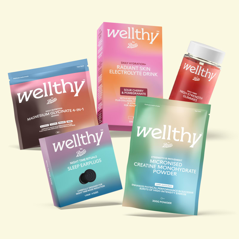 Wellthy by Boots wellness product range including magnesium, electrolyte drink, fibre gummies, sleep earplugs and creatine powder.