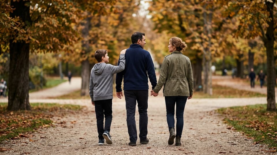 View from behind of a father  and wife holding hands and beside him his son with his arm on his shoulder , aged 12 or so. walking through a park deep in conversation. blurred background