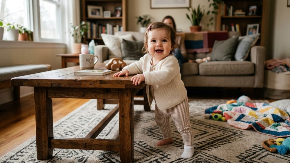 A baby around nine months old pulling themselves up to stand at a wooden coffee table, looking proud and curious, in a warm family home setting