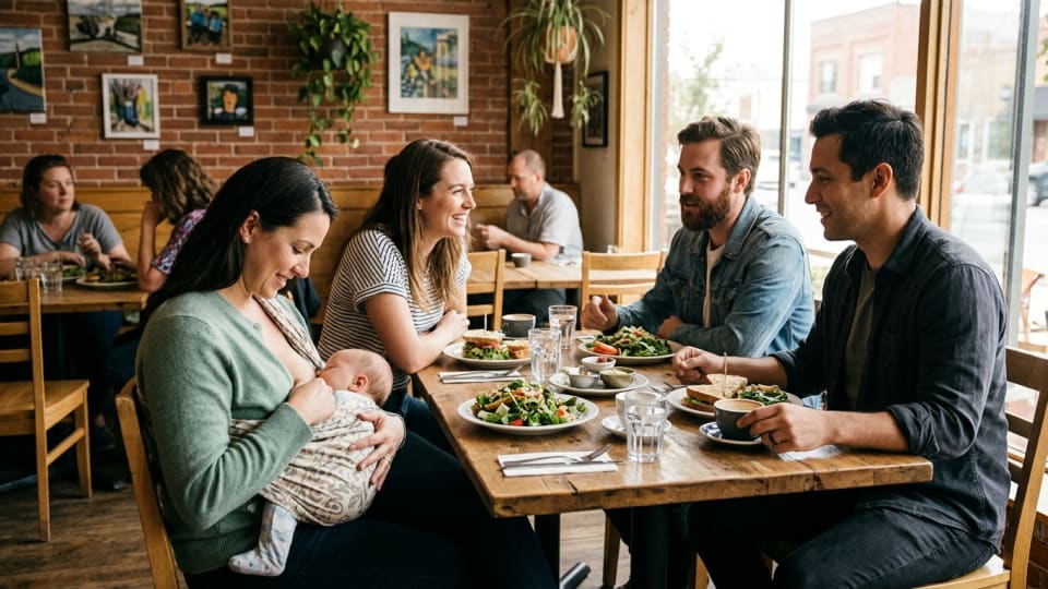 picture of 4 people 2 men and 2 women in a cafe having lunch. Once lady is breastfeeding her baby