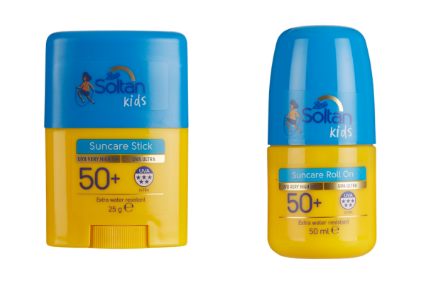 Soltan Kids Suncare Stick SPF 50+ 25g and Suncare Roll On SPF 50+ 50ml, both extra water resistant.