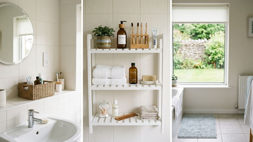 A neatly organised bathroom shelf with tidy, minimal products arranged in a bright, clean Irish family bathroom