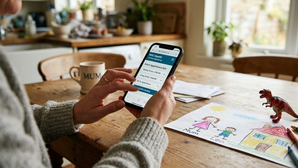 A close-up of a mum's hands holding a phone while booking a GP appointment online at home, a child's drawing visible on the table beside her — warm, everyday domestic setting