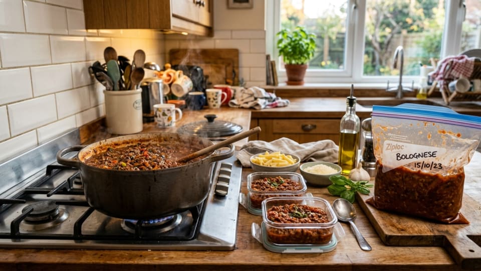 A large pot of hearty bolognese sauce simmering on a hob in a family kitchen, with glass food containers and a freezer bag nearby ready for batch cooking, warm and inviting home atmosphere