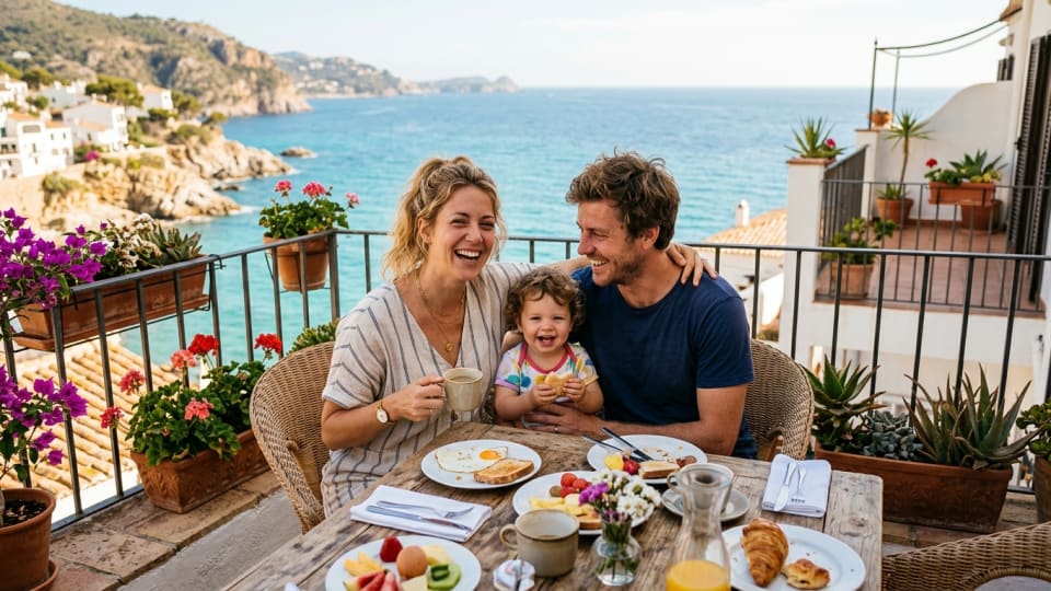 A tired but laughing couple on a sunny holiday balcony with a toddler between them and breakfast on the table, looking relaxed and connected