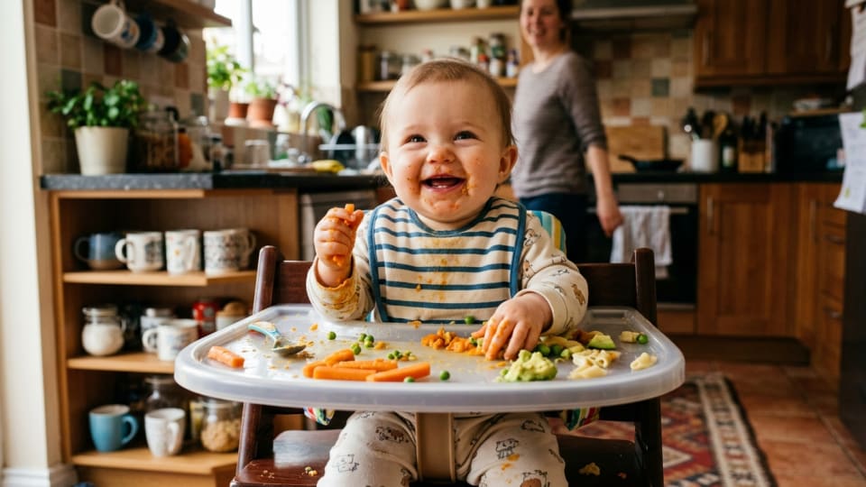 A smiling baby around eight months old sitting in a highchair, exploring soft pieces of food on their tray with their fingers, looking delighted and messy in a warm kitchen setting