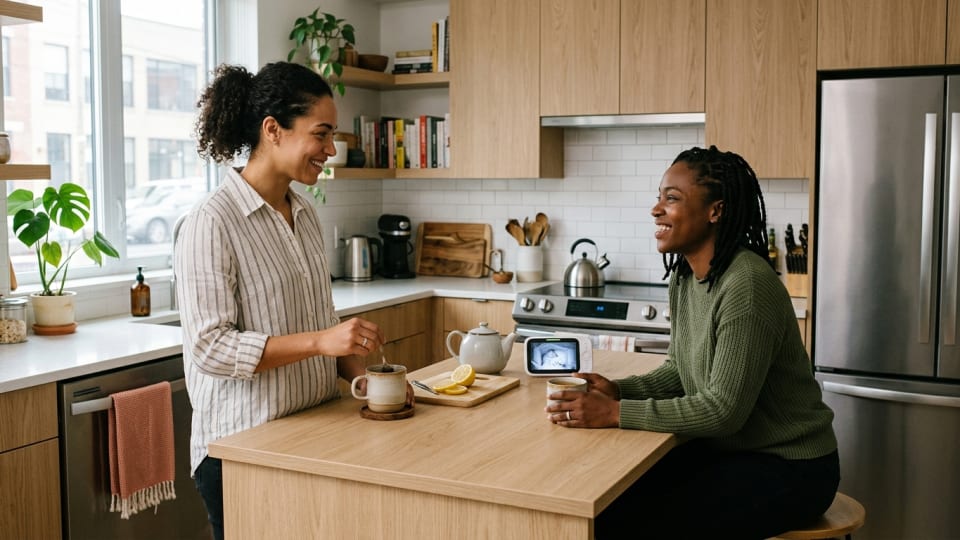 A same sex couple in a kitchen, one partner stirring tea and making eye contact across counter a baby monitor on the counter. modern apartment kitchen