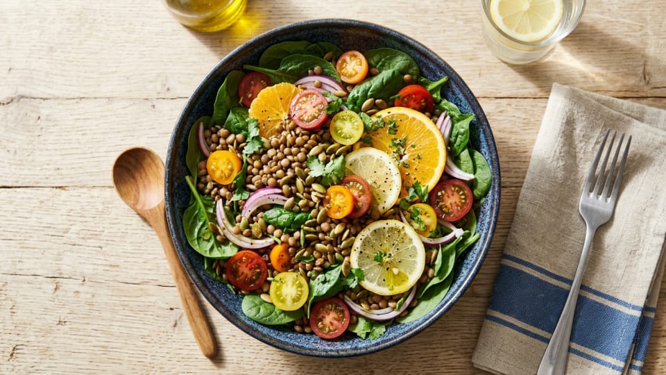 A close-up, bright overhead shot of a colourful summer salad bowl containing spinach, lentils, cherry tomatoes, and citrus slices on a light wooden kitchen table, suggesting healthy and iron-rich eati