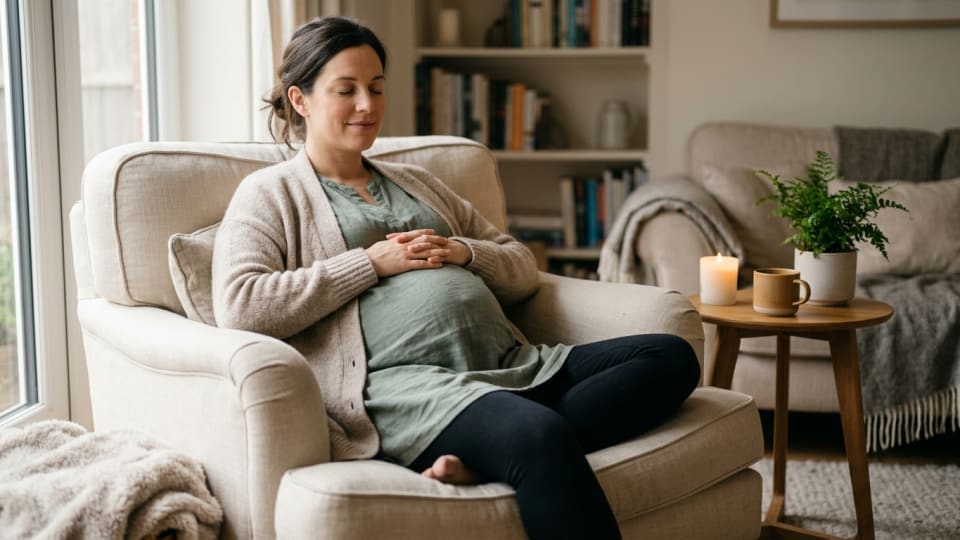 A pregnant woman sitting in a comfortable chair doing a breathing exercise, eyes gently closed, hands resting on her bump, peaceful and serene atmosphere