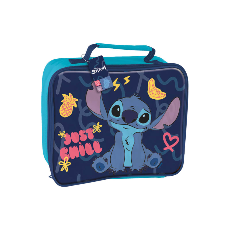 Disney Stitch insulated lunch bag in navy and teal with 'Just Chill' slogan and character print.
