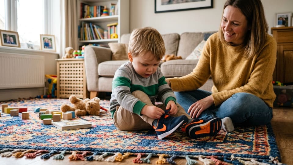 A toddler sitting on a colourful rug at home, concentrating carefully while trying to put on a pair of Velcro trainers, a patient and encouraging mum sitting nearby, warm and home setting