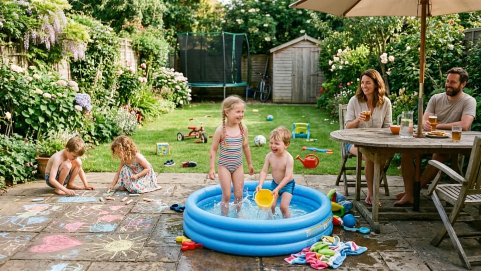 A cheerfu backl garden scene with children playing — a paddling pool, chalked patio, and scattered outdoor toys, with parents relaxing nearby at a garden table with drinks,