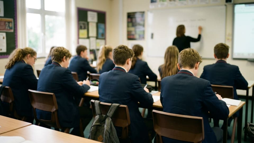 a classroom scene -14 year olds - camera angle from the back but blurred image. teens facing front. just close up to about 8 of them. wearing uniform. keep it simple
