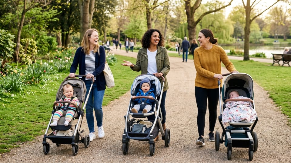 A relaxed group of three young mums with babies in buggies, walking together through a park, chatting and smiling — a sense of warmth, community, and everyday joy