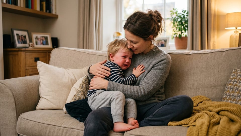 A mum gently comforting a tearful toddler on the sofa at home, both in casual clothes, warm indoor lighting, cosy and reassuring atmosphere, realistic family photography style
