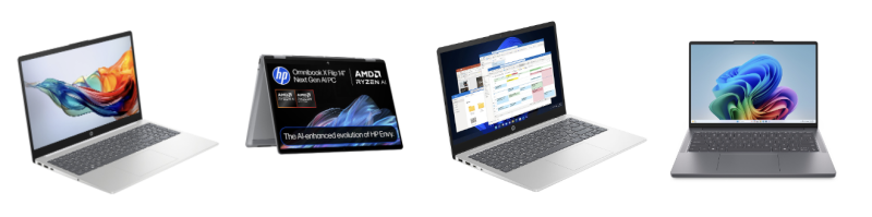 Four HP laptops displayed side by side, including the HP Omnibook X Flip 14 with AMD Ryzen AI.