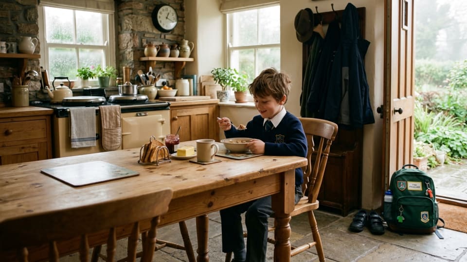 A cosy Irish kitchen morning scene with a young child in school uniform eating breakfast at the table, school bag packed neatly by the door, warm and calm atmosphere, natural light