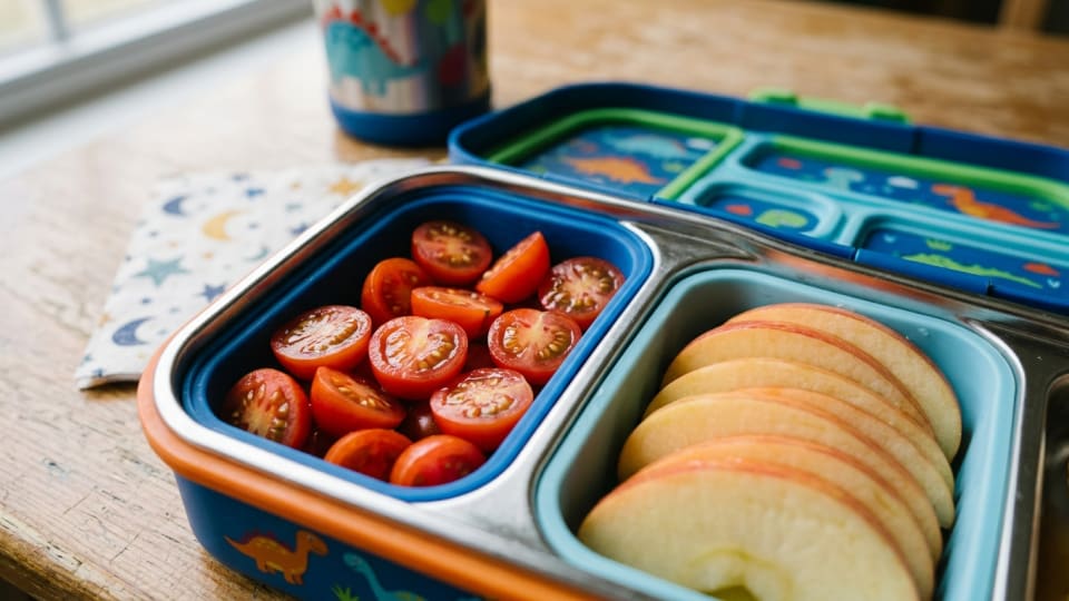 A close-up of a small child's lunchbox section — cherry tomatoes chopped in half in one side and  sliced apple in the other