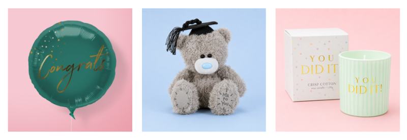 Graduation gift set: green Congrats balloon, Me To You graduation bear, and You Did It Crisp Cotton candle.
