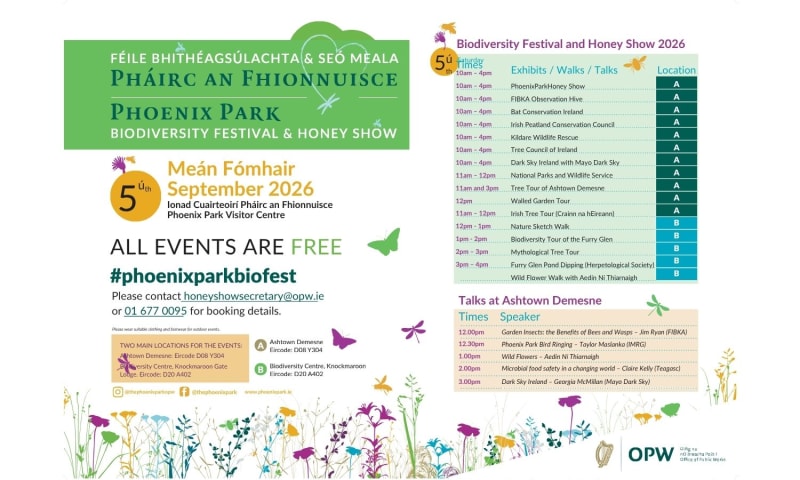 Phoenix Park Biodiversity Festival and Honey Show 2026 flyer with event schedule, locations and free activities listed.