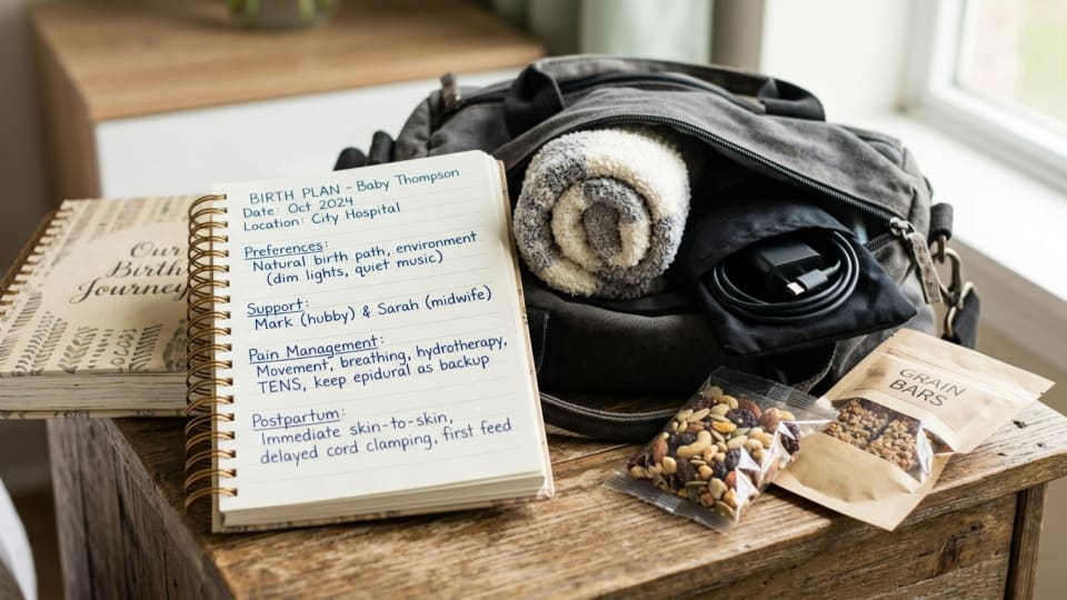A close-up of a handwritten birth plan notebook beside a hospital bag, with a pair of cosy socks, a phone charger, and some snacks (no visible branding) just table visible. no background