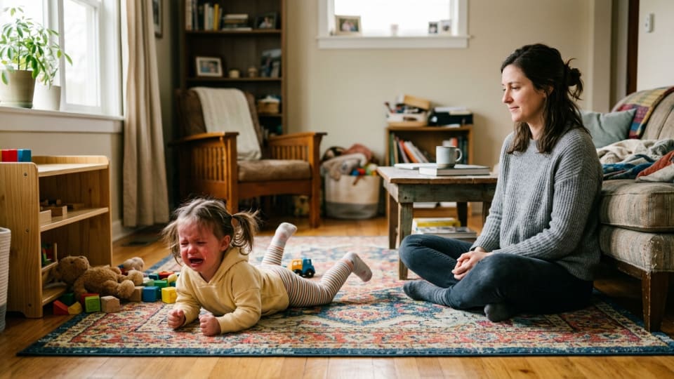 A toddler mid-tantrum on a living room floor, with a patient parent sitting calmly nearby, warm home setting, realistic and empathetic
